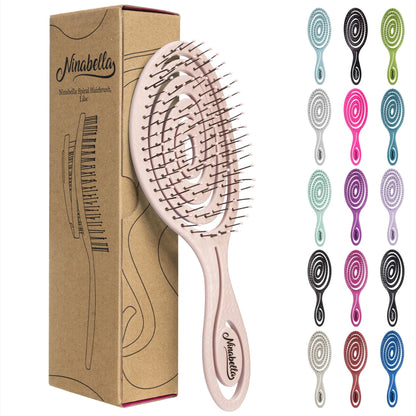 Ninabella Detangling Hairbrush with packaging and color options displayed on a white background