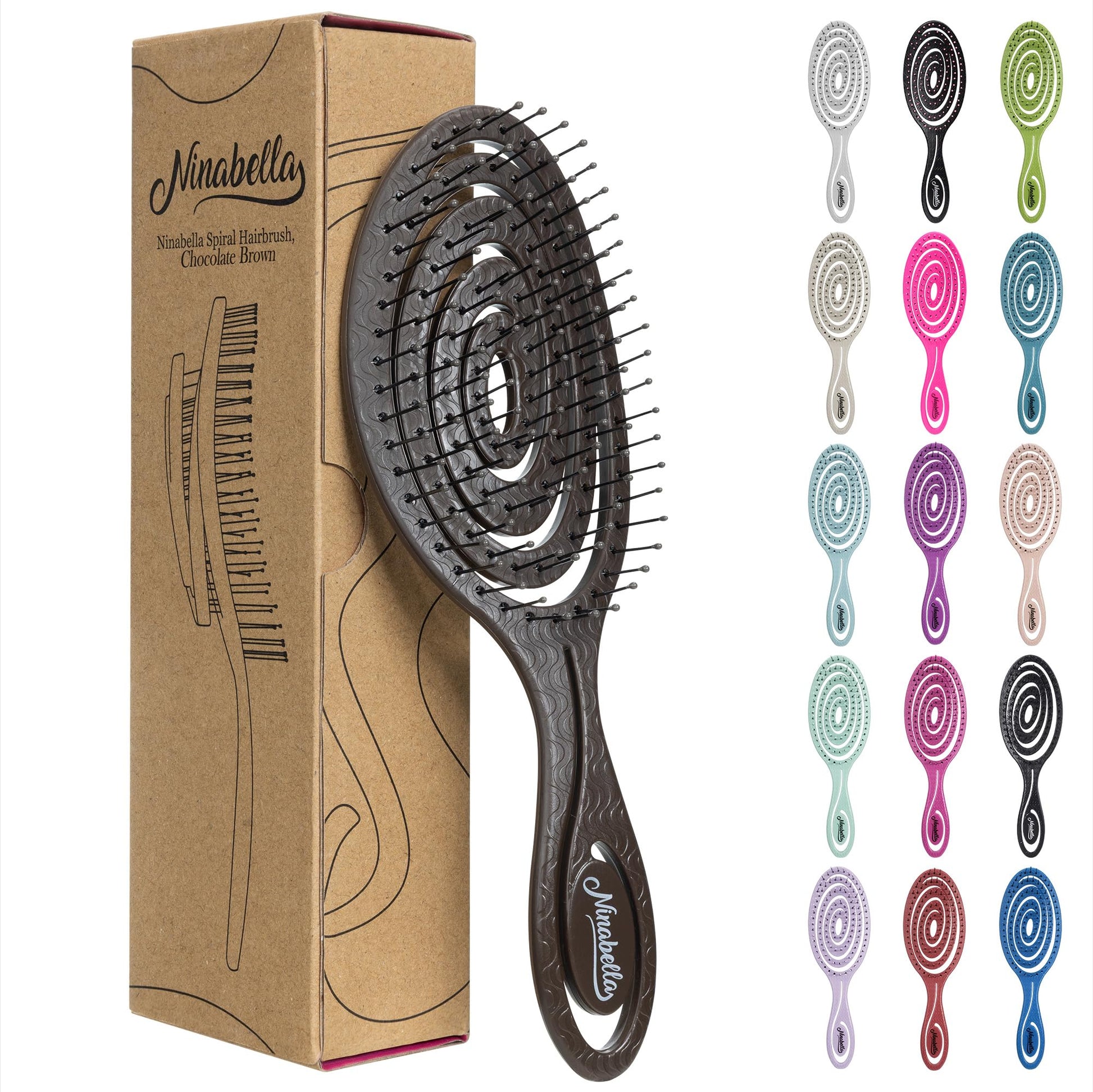 Ninabella chocolate brown detangling Hairbrush with packaging and color options displayed