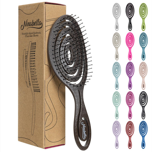 Ninabella chocolate brown detangling Hairbrush with packaging and color options displayed